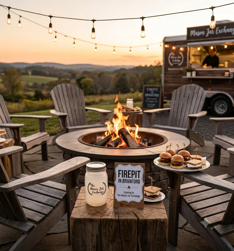 A cozy outdoor firepit surrounded by adirondack chairs at sunset, with The Mason Jar Exchange food truck catering in the background.
