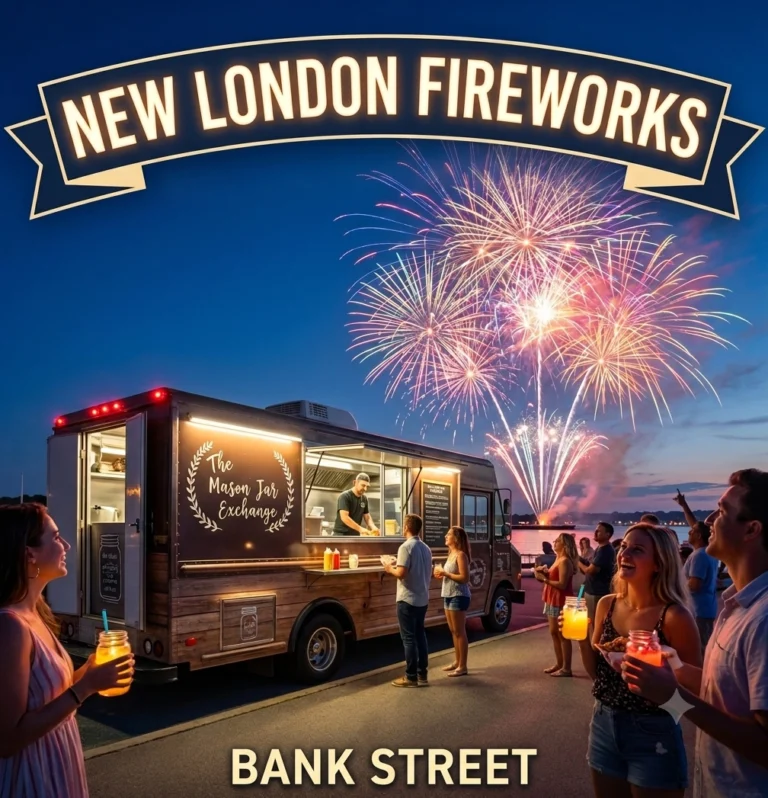 A wide-angle nighttime promotional photo of a crowded New London Waterfront celebration on Bank Street, showing 'The Mason Jar Exchange' food truck with its specific logo, a queue of people, and an immense fireworks display exploding over the harbor.